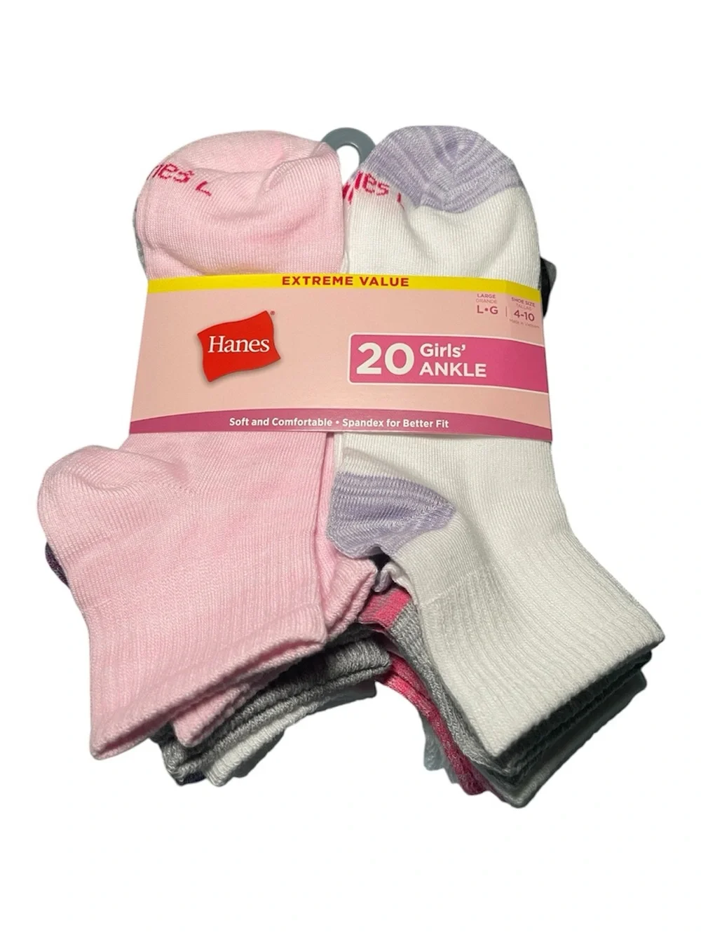 Hanes Girls 20-Pack Ankle Socks Size Large (Shoe Size 4-10) NWT